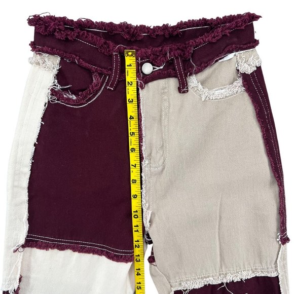 Empty Soda Patchwork Jeans Womens Maroon White Tan Denim Size S - Picture 8 of 11